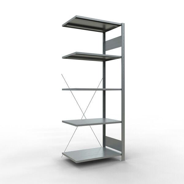 Anbauregal, Fachbodenregal Stecksystem MULTIplus150, 2000 x 750 x 500 mm (HxBxT), 5 Fachböden, Kreuzstrebe, verzinkt