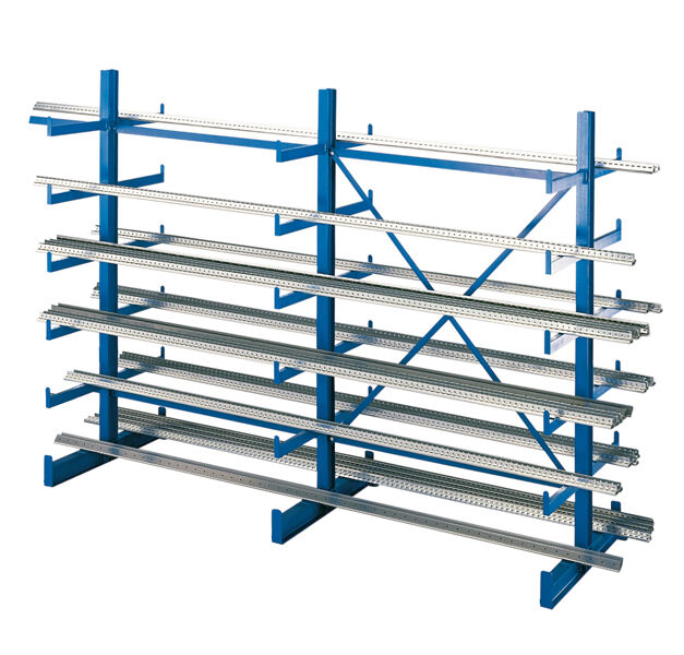 K 1000 Kragarmregal-Set, doppelseitig, 2000 x 2500 x 2x500, RAL 5010 enzianblau, Tragkraft je anm: 200 kg, Tragkraft gesamt einschließlich Fußebene: 3.600 kg