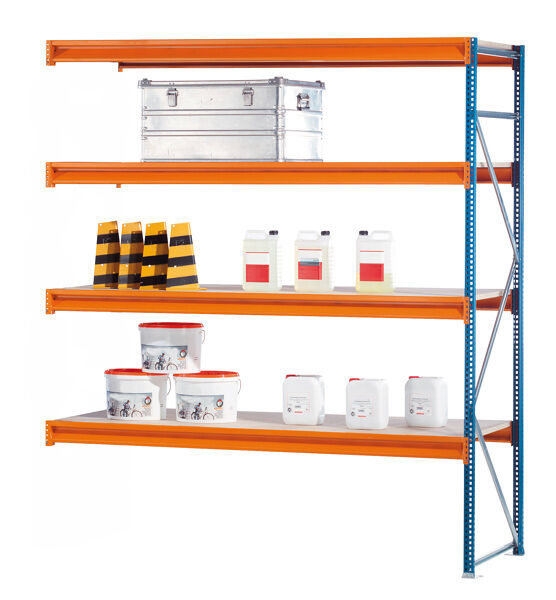 AR, Weitspannregal mit Spanplatten W 100, 2500 x 2500 x 1200 mm, blau/orange/verzinkt, 4 Ebenen, Fachlast 1015 kg