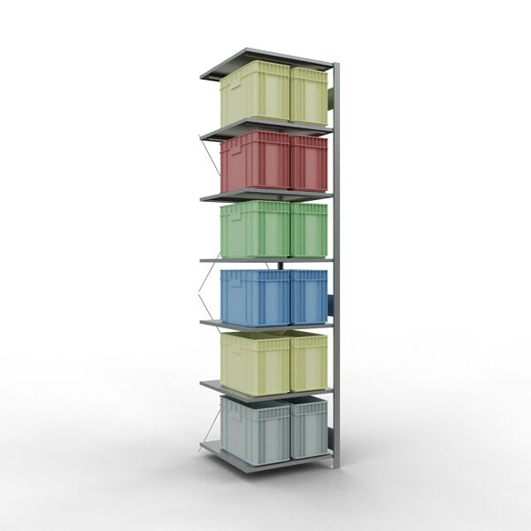 Anbauregal, Fachbodenregal Stecksystem MULTIplus150, 3000 x 750 x 800 mm (HxBxT), 7 Fachböden, Kreuzstrebe, verzinkt