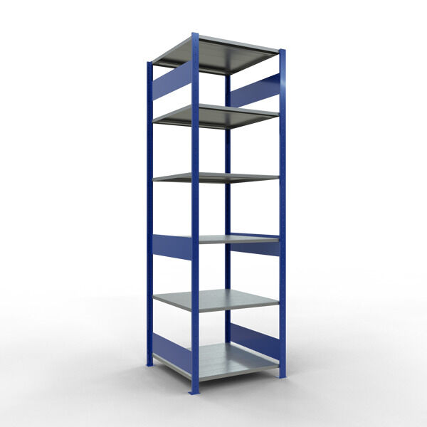 Grundregal, Fachbodenregal Stecksystem MULTIplus150, 2500 x 750 x 800 mm (HxBxT), 6 Fachböden, Längenriegel, RAL 5010 enzianblau/verzinkt/verzinkt