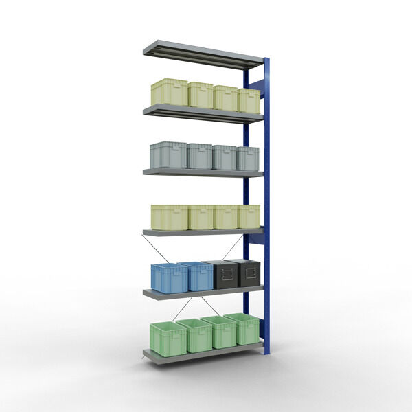 Anbauregal, Fachbodenregal Stecksystem MULTIplus250, 2500 x 1000 x 300 mm (HxBxT), 6 Fachböden, Kreuzstrebe, RAL 5010 enzianblau/verzinkt