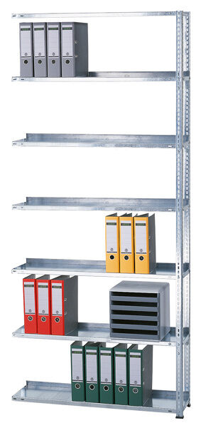 Anbauregal, Büro-Fachbodenregal Schraubsystem MULTIplus85, 2300 x 1000 x 300 mm (HxBxT), 6 Fachböden, verzinkt, mit Anschlagleiste