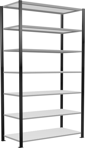 Grundregal, Büro-Fachbodenregal Stecksystem MULTIplus150, 2300 x 1300 x 600 mm (HxBxT), 7 Fachböden, Längenriegel, schwarz/RAL 7035 lichtgrau, mit Mittelanschlag