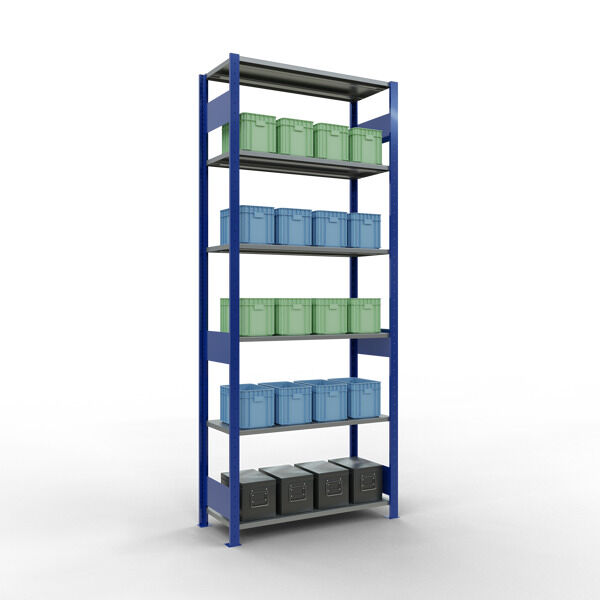 Grundregal, Fachbodenregal Stecksystem MULTIplus150, 2500 x 1000 x 400 mm (HxBxT), 6 Fachböden, Längenriegel, RAL 5010 enzianblau/verzinkt