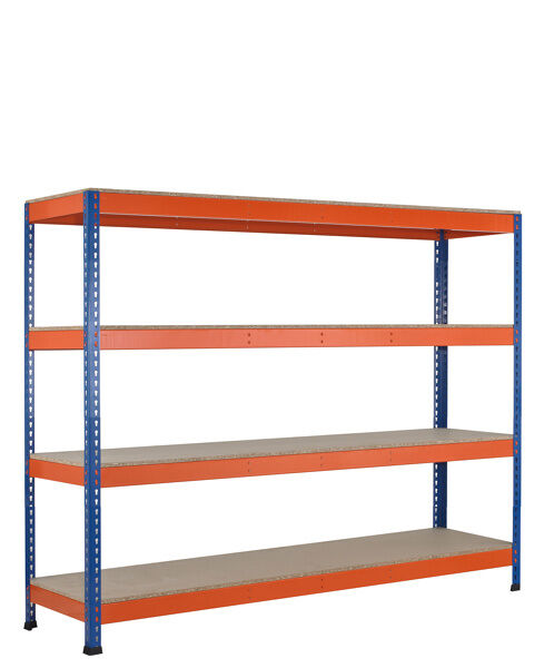 GR, Weitspannregal Z1 mit Spanplatten, 1981 x 1536 x 926 mm, blau/orange/verzinkt, 4 Ebenen, Fachlast 640 kg, Feldast 3.200 kg