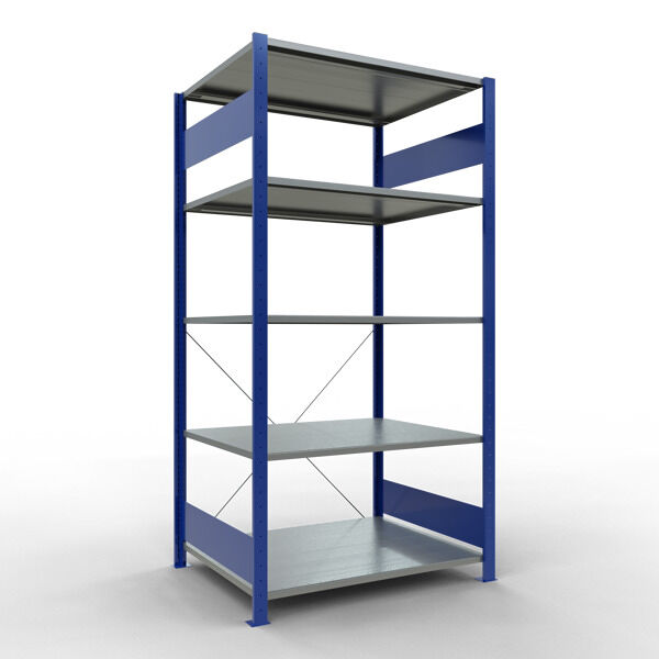 Grundregal, Fachbodenregal Stecksystem MULTIplus150, 2000 x 1000 x 800 mm (HxBxT), 5 Fachböden, Kreuzstrebe, RAL 5010/verzinkt