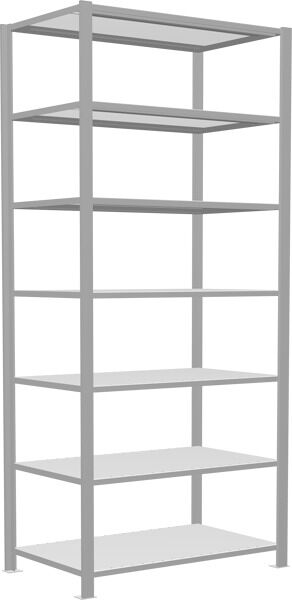 Grundregal, Büro-Fachbodenregal Stecksystem MULTIplus150, 2300 x 1000 x 600 mm (HxBxT), 7 Fachböden, Längenriegel, RAL 7035 lichtgrau, mit Mittelanschlag