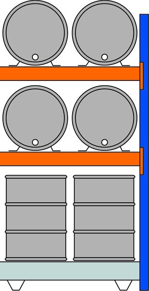 AR, Fassregal, 2500 x 1350 x 800 mm, blau/verzinkt/RAL 2004, 2 Ebenen für je 2 Fässer 200 l liegend, 1 Bodenwanne 1330 x 1100 mm, Fassungsvermögen 286 l, mit Gitterrost für 4 Fässer 200 l stehend
