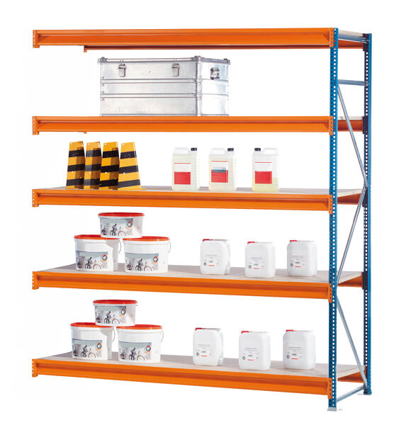 AR, Weitspannregal mit Spanplatten W 100, 3000 x 2500 x 1200 mm, blau/orange/verzinkt, 5 Ebenen, Fachlast 1015 kg