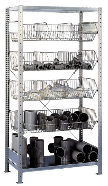 Grundregal, Drahtgitterkorbregal MULTIplus150, 2000 x 1000 x 500 mm (HxBxT), verzinkt, 2 Fachböden, 4 Stück Drahtgitterkörbe