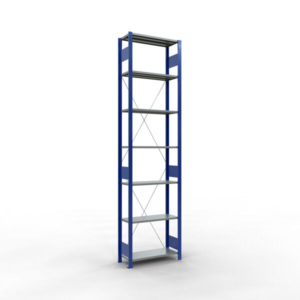 Grundregal, Fachbodenregal Stecksystem MULTIplus150, 3000 x 750 x 300 mm (HxBxT), 7 Fachböden, Kreuzstrebe, RAL 5010 enzianblau/verzinkt/verzinkt
