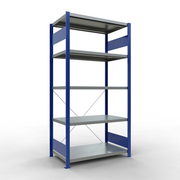 Grundregal, Fachbodenregal Stecksystem MULTIplus250, 2000 x 1000 x 600 mm (HxBxT), 5 Fachböden, Kreuzstrebe, RAL 5010 enzianblau/verzinkt