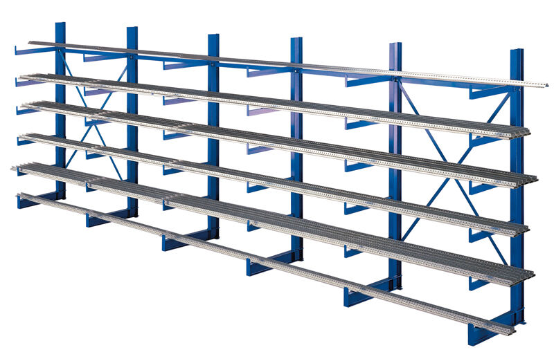 K 1000 Kragarmregal-Set, einseitig, 2000 x 6250 x 500, RAL 5010 enzianblau, Tragkraft je anm: 200 kg, Tragkraft gesamt einschließlich Fußebene: 7.200 kg