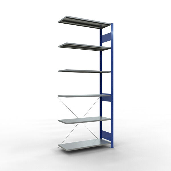 Anbauregal, Fachbodenregal Stecksystem MULTIplus85, 2500 x 1000 x 400 mm (HxBxT), 6 Fachböden, Kreuzstrebe, RAL 5010 enzianblau