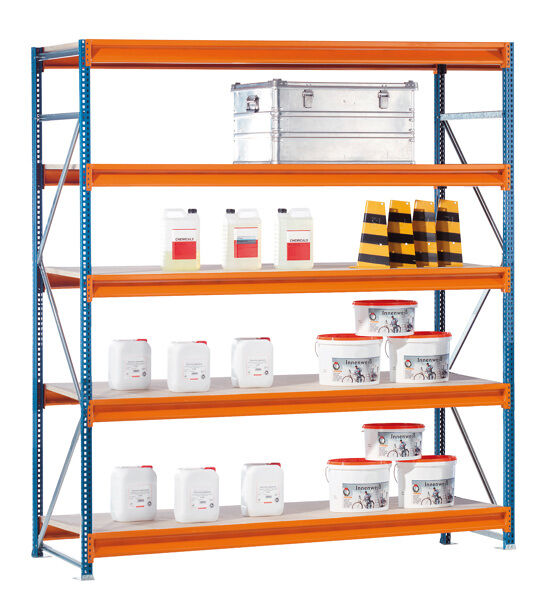 GR, Weitspannregal mit Spanplatten W 100, 3000 x 2500 x 1000 mm, blau/orange/verzinkt, 5 Ebenen, Fachlast 1015 kg
