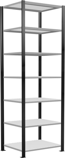 Grundregal, Büro-Fachbodenregal Stecksystem MULTIplus150, 2300 x 750 x 600 mm (HxBxT), 7 Fachböden, Längenriegel, schwarz/RAL 7035 lichtgrau, mit Mittelanschlag