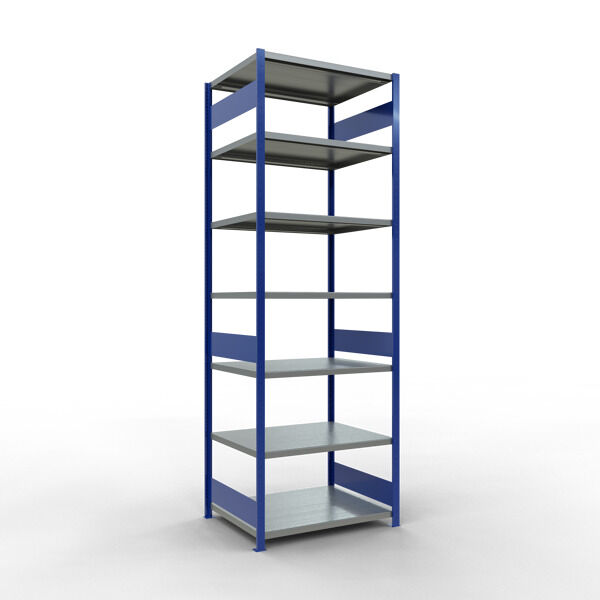 Grundregal, Fachbodenregal Stecksystem MULTIplus330, 3000 x 1000 x 800 mm (HxBxT), 7 Fachböden, Längenriegel, RAL 5010 enzianblau/verzinkt