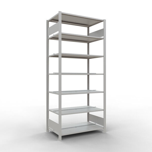 Grundregal, Büro-Fachbodenregal Stecksystem MULTIplus150, 2300 x 1000 x 600 mm (HxBxT), 7 Fachböden, Längenriegel, RAL 7035 lichtgrau, mit Mittelanschlag