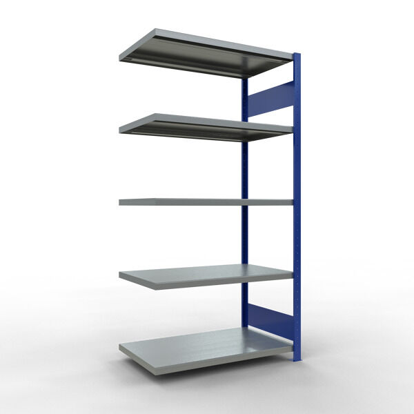 Anbauregal, Fachbodenregal Stecksystem MULTIplus250, 2000 x 1000 x 600 mm (HxBxT), 5 Fachböden, Längenriegel, RAL 5010 enzianblau/verzinkt