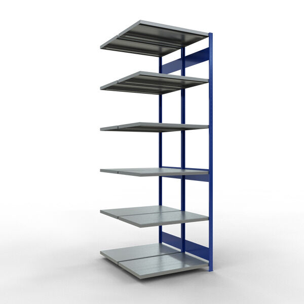 Anbauregal, Doppelregal, Fachbodenregal Stecksysem MULTIplus250, 3000 x 1000 x (2x600) mm (HxBxT), 2x7 Fachböden, Längenriegel, RAL 5010 enzianblau/verzinkt