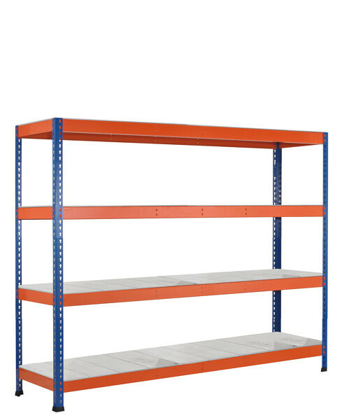 GR, Weitspannregal Z1 mit Stahlpaneelen, 1981 x 2450 x 926 mm, blau/orange/verzinkt, 4 Ebenen, Fachlast 340 kg, Feldlast 3.200 kg