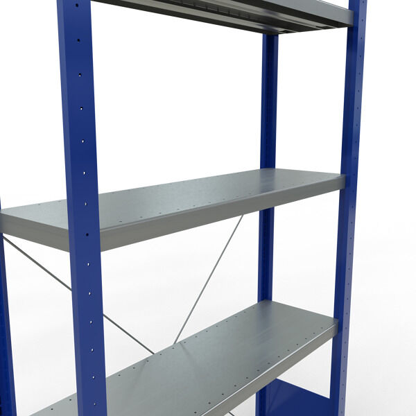 Grundregal, Fachbodenregal Stecksystem MULTIplus250, 2000 x 1000 x 300 mm (HxBxT), 5 Fachböden, Kreuzstrebe, RAL 5010 enzianblau/verzinkt