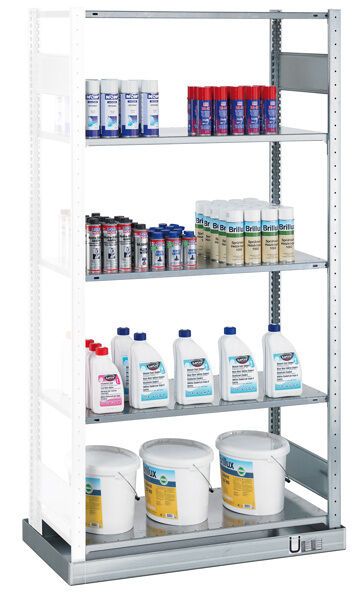 Anbauregal, Kleingebinderegal MULTIplus150, 2000 x 1000 x 500 mm (HxBxT), verzinkt, mit Auffangwanne  (Volumen: 33 Liter) und 5 Fachböden