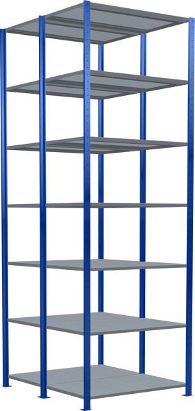 Grundregal, Doppelregal, Fachbodenregal Stecksysem MULTIplus150, 3000 x 1000 x (2x600) mm (HxBxT), 2x7 Fachböden, Längenriegel, RAL 5010 enzianblau/verzinkt