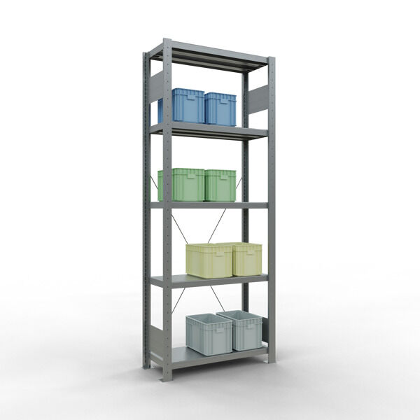 Grundregal, Fachbodenregal Stecksystem MULTIplus250, 2000 x 750 x 300 mm (HxBxT), 5 Fachböden, Kreuzstrebe, verzinkt