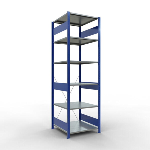 Grundregal, Fachbodenregal Stecksystem MULTIplus150, 2500 x 750 x 800 mm (HxBxT), 6 Fachböden, Kreuzstrebe, RAL 5010 enzianblau/verzinkt/verzinkt