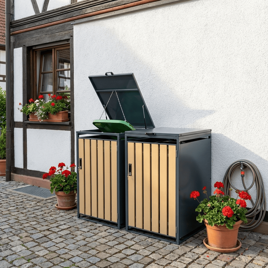 2er Set Premium Mülltonnenbox, anthrazit, Tür: Holzoptik-hell, mit Schloss & Gasdruckfedern, 1190 x 680 x 800 mm (HxBxT), inkl. Bodenanker, modular erweiterbar