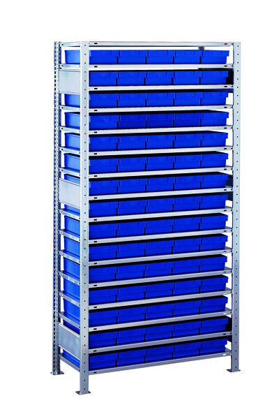 GR, Kleinteileregal-Set 3 MULTIplus150, 2000 x 1000 x 500 mm, verzinkt, 16 Fachböden, 75 Regalkästen 83x186x500 mm blau