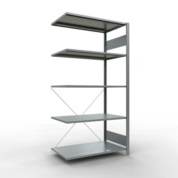 Anbauregal, Fachbodenregal Stecksystem MULTIplus85, 2000 x 1000 x 600 mm (HxBxT), 5 Fachböden, Kreuzstrebe, verzinkt