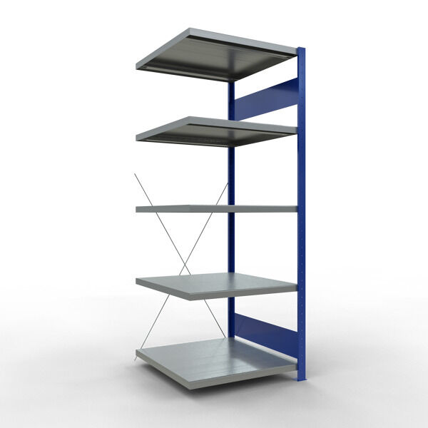 Anbauregal, Fachbodenregal Stecksystem MULTIplus250, 2000 x 750 x 800 mm (HxBxT), 5 Fachböden, Kreuzstrebe, RAL 5010 enzianblau/verzinkt/verzinkt