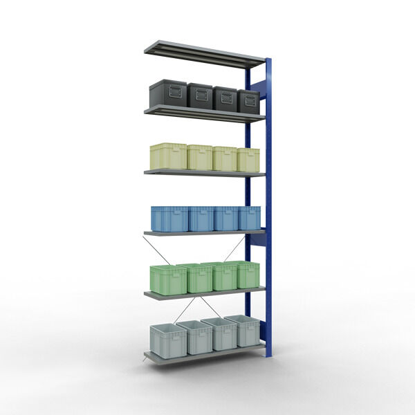 Anbauregal, Fachbodenregal Stecksystem MULTIplus85, 2500 x 1000 x 300 mm (HxBxT), 6 Fachböden, Kreuzstrebe, RAL 5010 enzianblau