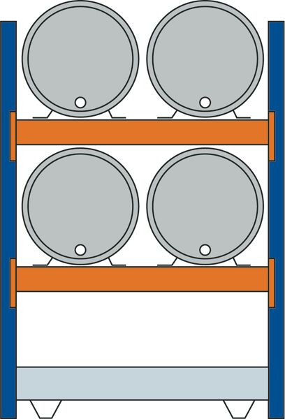 Grundregal, Fassregal, 2000 x 1350 x 800 mm (HxBxT), blau/verzinkt/RAL 2004, 2 Ebenen für je 2 Fässer 200 l liegend, 1 Bodenwanne 1330 x 1100 mm, Fassungsvermögen 215 l