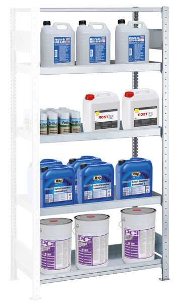 Anbauregal, Umwelt-Wannenbodenregal MULTIplus150, 2000 x 1000 x 500 mm (HxBxT), verzinkt, 4 Wannenböden (Volumen: 18 Liter), 1 Fachboden