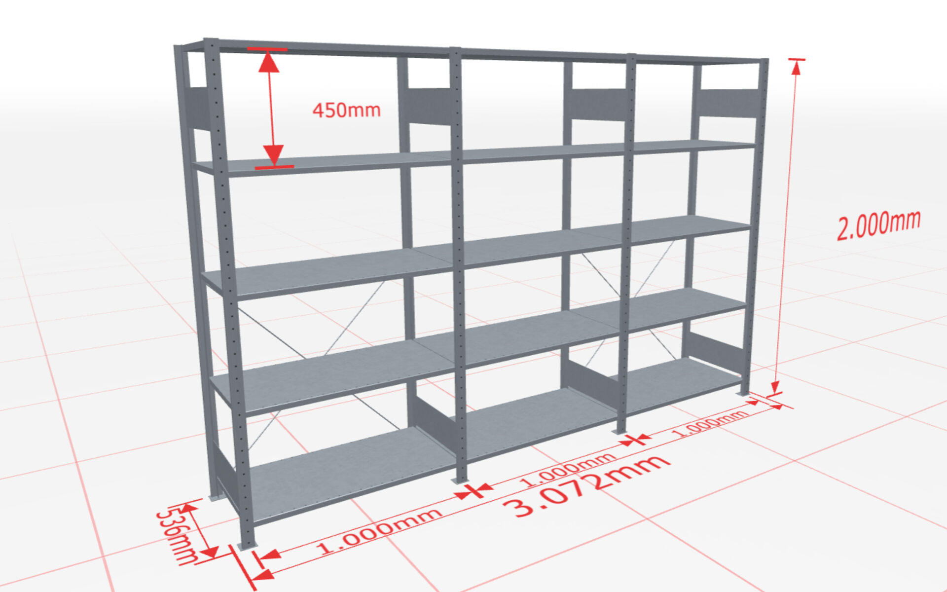 3 m-Set Fachbodenregal Stecksystem MULTIplus150, 2000 x 3000 x 500 mm HxBxT, 15 Fachböden, verzinkt