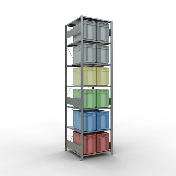 Grundregal, Fachbodenregal Stecksystem MULTIplus150, 3000 x 750 x 800 mm (HxBxT), 7 Fachböden, Kreuzstrebe, verzinkt