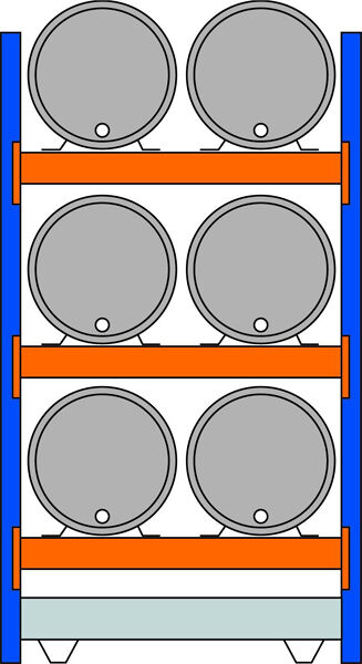 Grundregal, Fassregal, 2500 x 1350 x 800 mm (HxBxT), blau/verzinkt/RAL 2004, 3 Ebenen für je 2 Fässer 200 l liegend, 1 Bodenwanne 1330 x 1100 mm, Fassungsvermögen 215 l