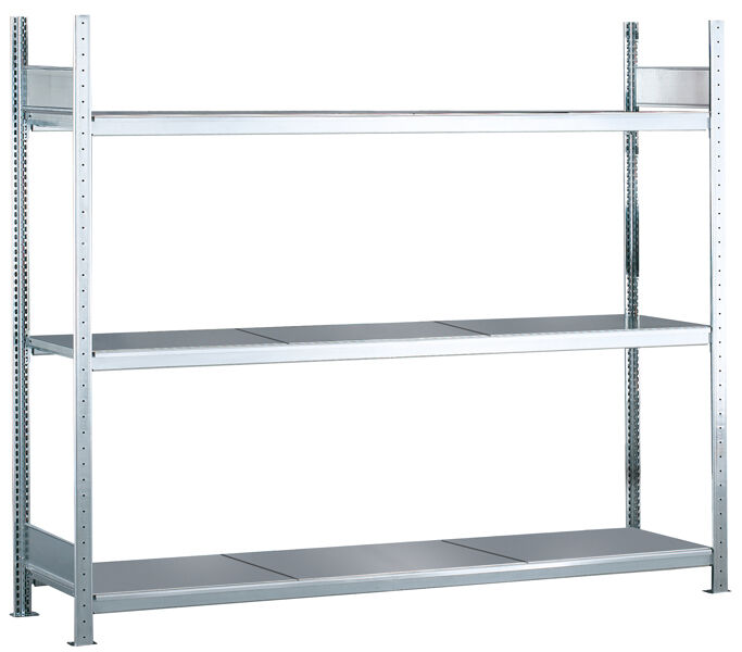 Grundregal, Weitspannregal WS 2000 mit Stahlböden, 2000 x 2500 x 400 mm (HxBxT), verzinkt, 3 Ebenen, Fachlast 400 kg, Feldlast 1.200 kg