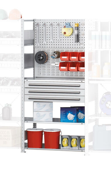 AR, Regalmodul M3, 2000 x 1000 x 500 mm, RAL 7035 lichtgrau/verzinktt, 3 MULTIplus150-Fachböden, 2 Stück Lochplatten, 1 Stück 3-er Schublade