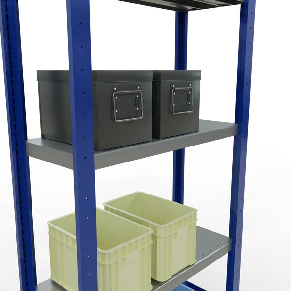 Grundregal, Fachbodenregal Stecksystem MULTIplus250, 2000 x 750 x 300 mm (HxBxT), 5 Fachböden, Längenriegel, RAL 5010 enzianblau/verzinkt/verzinkt