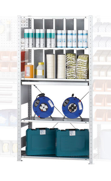 GR, Regalmodul M4, 2000 x 1000 x 500 mm, RAL 7035 lichtgrau/verzinkt, 5 MULTIplus150-Fachböden, 10 Stück Stecktrennbleche Höhe 400 mm, 1 Stück Ausziehboden