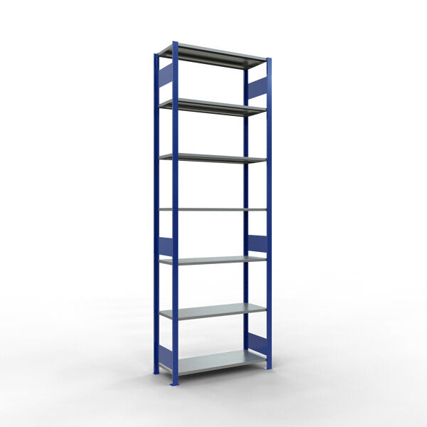 Grundregal, Fachbodenregal Stecksystem MULTIplus85, 3000 x 1000 x 400 mm (HxBxT), 7 Fachböden, Längenriegel, RAL 5010 enzianblau