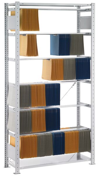 Grundregal, Steck-Pendelhefterregal Zippel, 2000 x 750 x 350 mm (HxBxT), RAL 7035 lichtgrau, 6 Pendelstangen