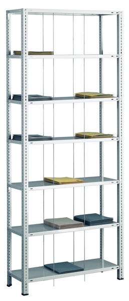 Grundregal, Schraub-Fädelstäberegal BASIC70, 2300 x 900 x 350 mm (HxBxT), 7 Fachböden, RAL 7035 lichtgrau