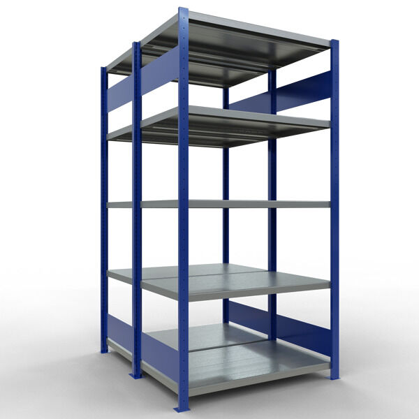 Grundregal, Doppelregal, Fachbodenregal Stecksysem MULTIplus250, 2000 x 1000 x (2x600) mm (HxBxT), 2x5 Fachböden, Längenriegel, RAL 5010 enzianblau/verzinkt