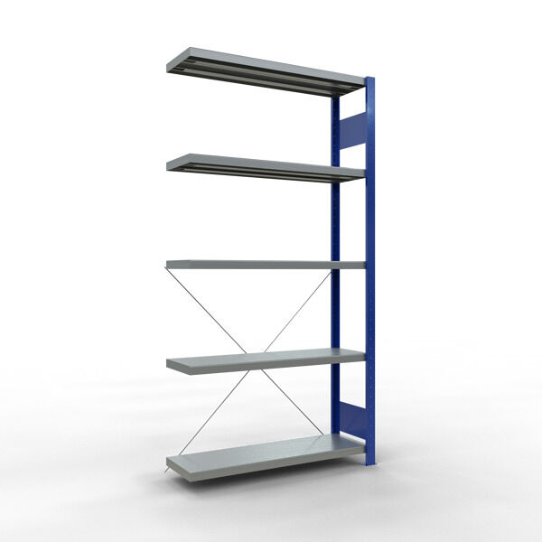 Anbauregal, Fachbodenregal Stecksystem MULTIplus330, 2000 x 1000 x 300 mm (HxBxT), 5 Fachböden, Kreuzstrebe, RAL 5010 enzianblau/verzinkt